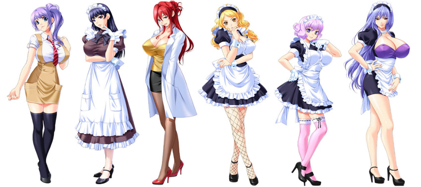 6+girls blonde_hair blue_eyes blue_hair breasts headdress high_heels large_breasts long_hair maid multiple_girls necktie purple_eyes purple_hair red_eyes red_hair short_hair skirt smile thighhighs yellow_eyes