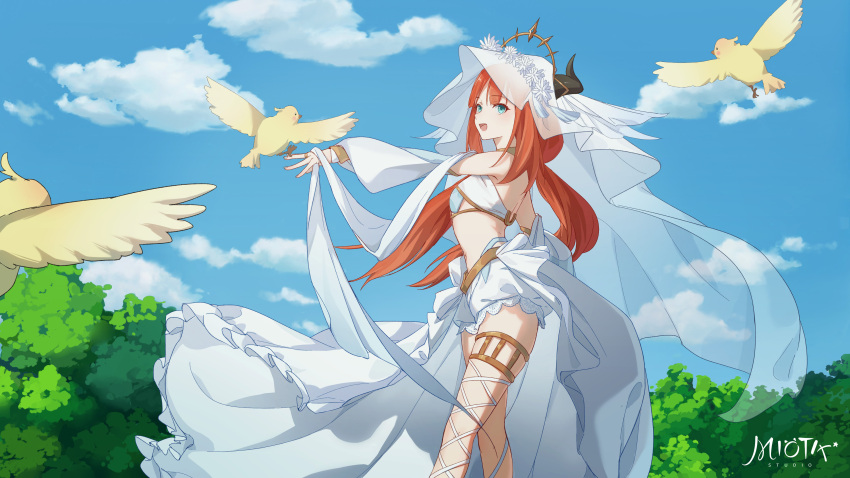 1girl absurdres arm_up artist_name bangs bare_shoulders bird black_eyes blue_eyes blue_sky blush breasts bush clouds cloudy_sky colored_skin commentary_request crop_top darkcatowo detached_sleeves flower flying genshin_impact gold hair_ornament hand_up highres horns jewelry leaf long_sleeves looking_at_another looking_to_the_side medium_breasts nilou_(genshin_impact) open_mouth outdoors puffy_long_sleeves puffy_sleeves redhead shorts sky smile standing tongue veil white_flower white_shorts wings yellow_skin