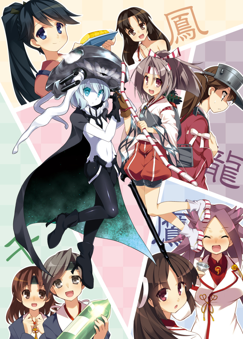 6+girls alcohol aqua_eyes armor black_hair blue_eyes blush bodysuit bottle bow_(weapon) brown_eyes brown_hair cape chitose_(kantai_collection) chiyoda_(kantai_collection) closed_eyes food gloves grey_eyes hair_ribbon hat headband highres hiyou_(kantai_collection) hoppege houshou_(kantai_collection) japanese_clothes jun'you_(kantai_collection) kantai_collection looking_at_viewer monster multiple_girls muneate navel omelet open_mouth pale_skin ponytail red_eyes redhead ribbon ryuujou_(kantai_collection) sake sake_bottle sandals shinkaisei-kan shouhou_(kantai_collection) silver_hair socks tamagoyaki turret weapon white_hair wo-class_aircraft_carrier zuihou_(kantai_collection)