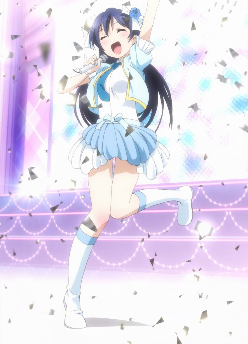 1girl action blue_hair boots bubble_skirt closed_eyes confetti happy highres idol long_hair love_live!_school_idol_project microphone screencap singing solo sonoda_umi stage stitched
