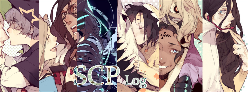 3boys 5girls android annotated bandages black_hair black_sclera blonde_hair blue_eyes brown_hair camera cape character_request child closed_eyes coat compilation copyright_name couple cyborg dark_skin dinosaur_costume dress earrings facial_mark fangs forehead_mark glowing glowing_eyes headset jewelry joychuo kiss kurogomu lips long_hair long_image looking_at_another looking_down monster multiple_boys multiple_girls nose_kiss open_mouth parted_lips robot scp-053 scp-073 scp-076-2 scp-105 scp-191 scp-336 scp-682 scp_foundation short_hair smile tagme tattoo wide_image witch_hair