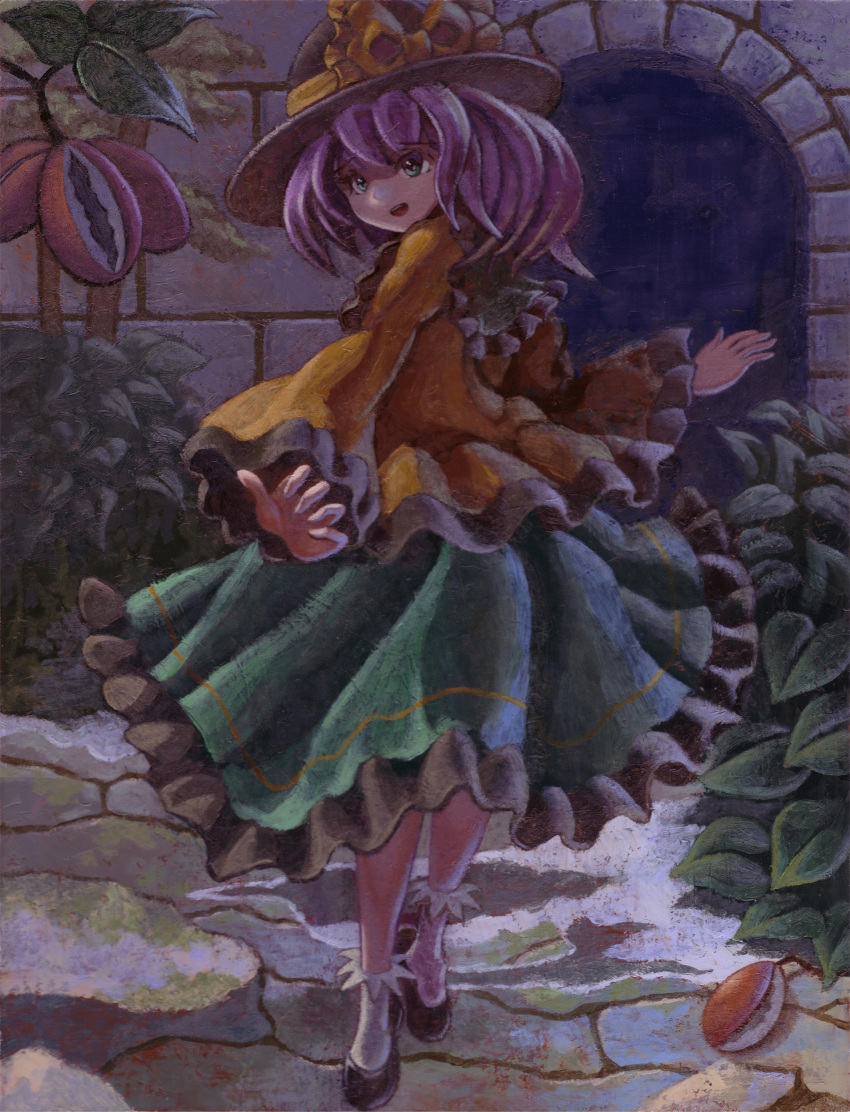 1girl absurdres alternate_hair_color ankle_socks arch blouse food fruit green_eyes hat hat_ribbon highres komeiji_koishi long_sleeves looking_at_viewer looking_over_shoulder oil_painting_(medium) open_mouth purple_hair ribbon shoes skirt solo stone_floor stone_wall syuraime_0 touhou traditional_media tree_branch wall wide_sleeves