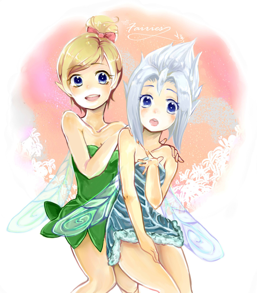 2girls :o absurdres blonde_hair blue_dress blue_eyes dress english fairy fairy_wings green_dress hand_on_own_chest hand_on_own_thigh hands_on_another's_shoulders highres kamiroku211 multiple_girls periwinkle peter_pan_(disney) pointy_ears short_dress short_ponytail silver_hair smile tinkerbell wings