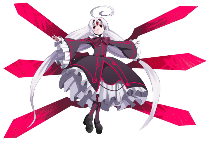 1girl absurdly_long_hair ahoge black_legwear bow dress expressionless forehead_jewel frilled_dress frills full_body hair_ornament hair_tubes huge_ahoge jerun long_hair neon_trim outstretched_arms pantyhose platform_footwear red_eyes twintails under_night_in-birth vatista very_long_hair white_hair wide_sleeves wings