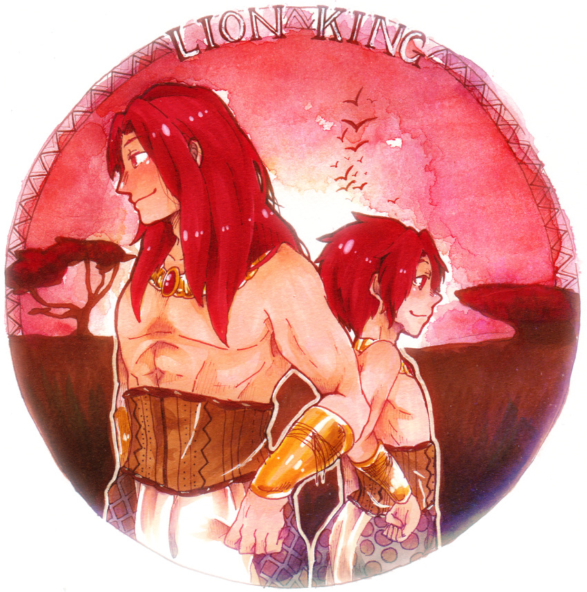 1boy 2boys age_difference circle father_and_son haule highres jewelry male marker_(medium) multiple_boys necklace older redhead side simba sky the_lion_king time_paradox topless traditional_media watercolor_(medium) younger