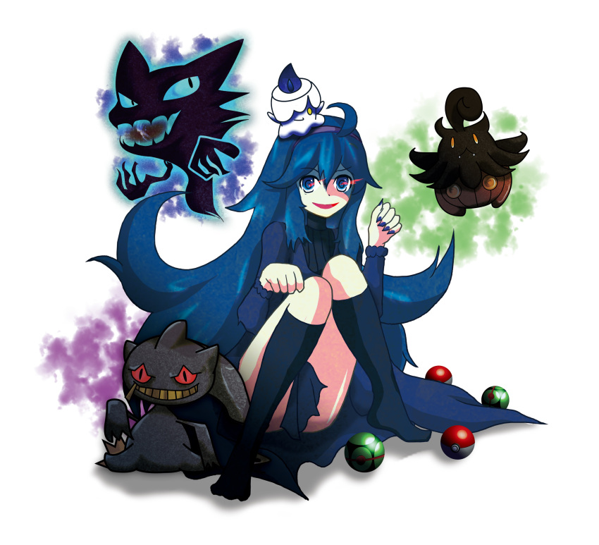 1girl @_@ ahoge banette blue_eyes blue_hair character_request glowing glowing_eyes hair_ribbon haunter hex_maniac_(pokemon) highres hondy kneehighs litwick long_hair nail_polish npc paw_pose poke_ball pokemon pokemon_(creature) pokemon_(game) pokemon_xy pumpkaboo ribbon very_long_hair