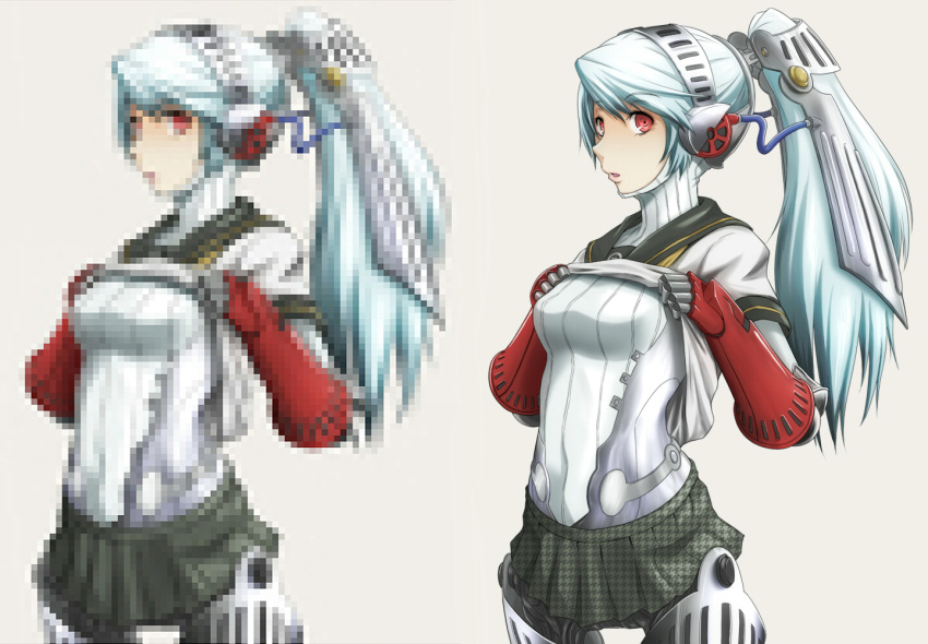 1girl android ao_usagi blue_hair breasts censored grey_background headgear houndstooth labrys long_hair miniskirt mosaic_censoring no_nipples persona persona_4:_the_ultimate_in_mayonaka_arena pixelated pleated_skirt ponytail red_eyes ringed_eyes robot_joints school_uniform serafuku shirt_lift simple_background skirt solo