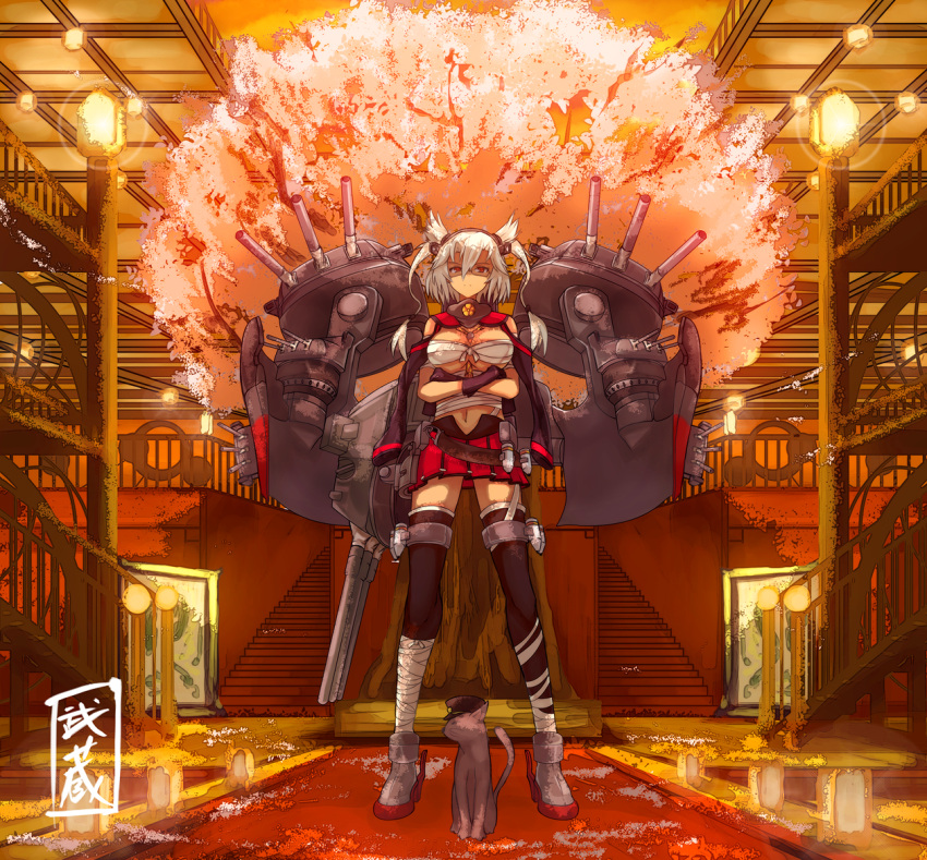1girl arao bandages cat cherry_blossoms crossed_arms glasses gloves hat kantai_collection musashi_(kantai_collection) navel personification red_eyes sarashi skirt stairs thighhighs twintails white_hair