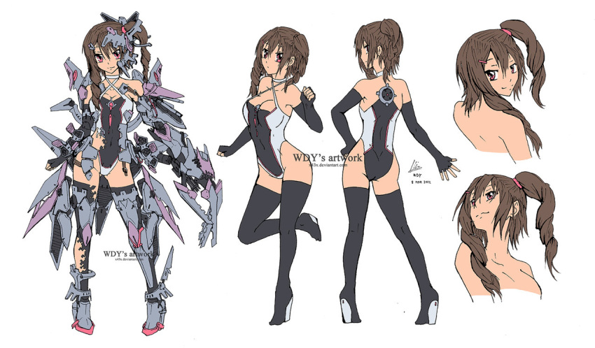 1girl armlet armor armpits ass back bangs bare_shoulders barrette black_gloves black_legwear bodysuit boots breasts brown_hair bust character_sheet choker cleavage clenched_hand clenched_hands collarbone concept_art covered_navel criss-cross_halter dated deviantart drill_hair elbow_gloves elbow_pads fingerless_gloves full_body gatling_gun gloves gluteal_fold gun hair_between_eyes hair_ornament hairclip halter_top halterneck hand_on_hip hand_up head_tilt headdress headgear headset high_heel_boots high_heels highleg highleg_leotard jewelry knee_pads leaning leg_armor leg_lift leg_up leotard long_hair looking_at_viewer looking_away looking_back looking_up mecha_musume mechanical_arm original outstretched_arm pigeon-toed red_eyes rubber_band shoes short_hair_with_long_locks side_ponytail sideboob simple_background skin_tight smile standing standing_on_one_leg thigh_boots thighhighs topless torn_clothes torn_leotard torn_thighhighs turnaround twin_drills twintails watermark weapon web_address white_background