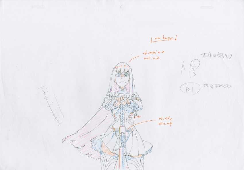 armor armored_dress boots cape commentary dress highres katana key_frame kill_la_kill kiryuuin_satsuki official_art partially_colored production_art promotional_art sailor_dress school_uniform simple_background sketch skirt sword thigh_boots thighhighs trigger_(company) uniform weapon white_background