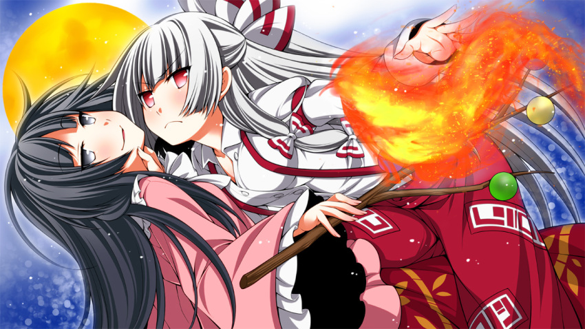 2girls black_hair blue_background bow branch dress_shirt eichi_yuu fire frown fujiwara_no_mokou full_moon grey_eyes hair_bow half_updo hand_on_another's_throat hime_cut houraisan_kaguya japanese_clothes jeweled_branch_of_hourai juliet_sleeves light_particles long_hair long_sleeves looking_at_viewer moon multiple_girls night night_sky ofuda open_hand outstretched_arm pants payot puffy_sleeves red_eyes shirt sideways silver_hair sky smirk suspenders touhou very_long_hair