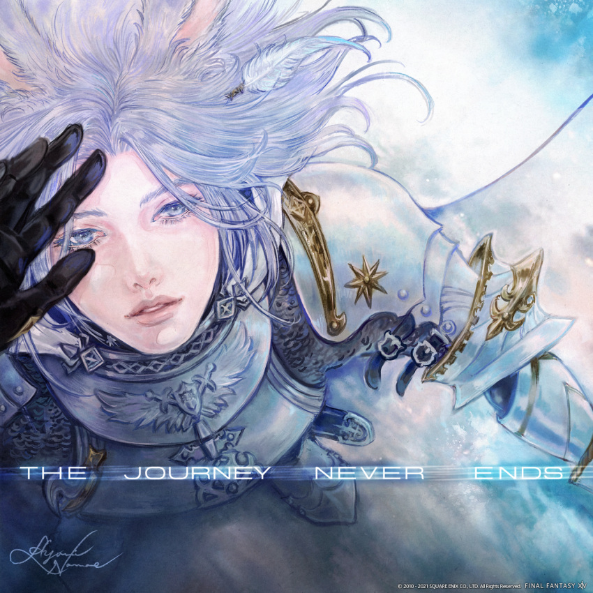 1boy animal_ears armor buckle cape chainmail copyright feather_hair_ornament feathers final_fantasy final_fantasy_xiv grey_eyes hair_ornament highres looking_at_viewer looking_up official_art paladin_(final_fantasy) plate_armor rabbit_ears signature silver_hair viera