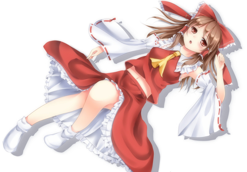 1girl ascot blush brown_hair detached_sleeves frilled_skirt frills hair_ornament hair_ribbon hair_tubes hakurei_reimu hime_mia japanese_clothes long_hair long_sleeves looking_at_viewer lying midriff miko navel on_back open_mouth outstretched_arm red_eyes ribbon shirt simple_background skirt skirt_set socks solo touhou traditional_clothes upskirt vest white_background white_legwear wide_sleeves