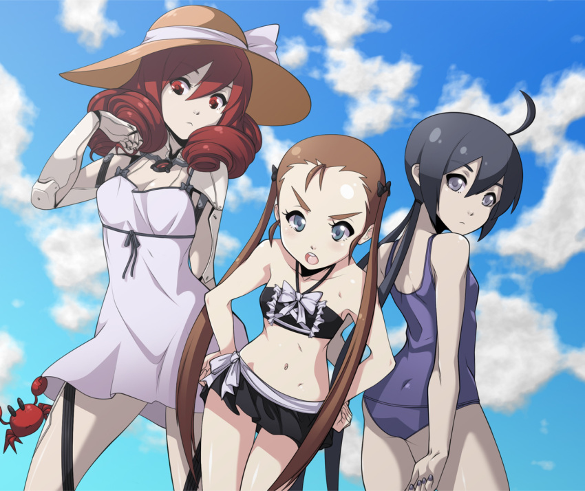 3girls android bikini black_hair blue_sky brown_hair crab dress drill_hair drill_kill fearless_night flat_chest forehead green_eyes grey_eyes hands_on_hips hat long_hair multiple_girls nail_polish one-piece_swimsuit original pale_skin poco_muerte princess_pettanko red_eyes redhead robot_joints sky spaghetti_strap split_ponytail sun_hat sundress swimsuit twin_drills twintails