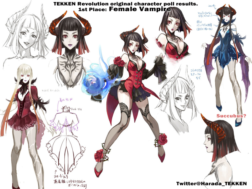 1girl aura bob_cut breasts character_sheet cleavage coattails concept_art detached_sleeves flower frilled_skirt frills gradient_hair horns kawano_takuji lace lace-trimmed_thighhighs lipstick makeup multicolored_hair namco official_art pale_skin red_eyes redhead rose sheer_legwear short_hair skirt solo spaghetti_strap tattoo tekken tekken_7 tekken_revolution thighhighs thorns vampire