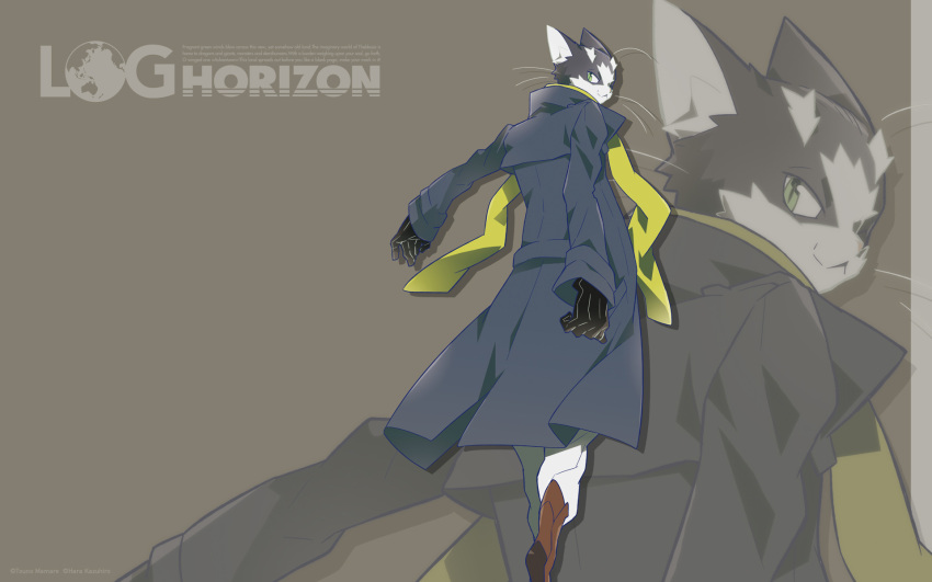 1boy cat gloves green_eyes hara_kazuhiro highres log_horizon long_coat nyanta_(log_horizon) scarf solo wallpaper