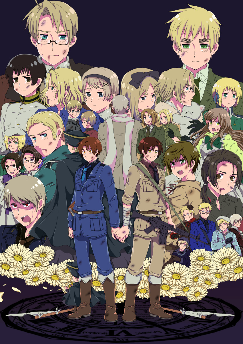 4girls 6+boys absurdres ahoge america_(hetalia) apron aqua_eyes assault_rifle austria_(hetalia) axis_powers_hetalia bandages bangs beard belarus_(hetalia) belt beret blonde_hair blue_eyes blunt_bangs blush bob_cut book bow bowtie brown_eyes brown_hair bruise buttons canada_(hetalia) cape chibi china_(hetalia) coat collarbone collared_shirt cravat cross denmark_(hetalia) dress ears empty_eyes estonia_(hetalia) everyone eyebrows facial_hair finland_(hetalia) flag flower france_(hetalia) germany_(hetalia) glasses gloves green_dress green_eyes grey_hair grey_skin gun hair_bow hair_flower hair_ornament hair_ribbon hat hetaoni highres holding holding_hands holy_roman_empire_(hetalia) hungary_(hetalia) iceland_(hetalia) injury japan_(hetalia) korea_(hetalia) kumajirou_(hetalia) latvia_(hetalia) liechtenstein_(hetalia) lithuania_(hetalia) long_hair looking_at_viewer magic_circle military military_uniform multiple_boys multiple_girls northern_italy_(hetalia) norway_(hetalia) open_mouth parody payot pocket poland_(hetalia) polar_bear prussia_(hetalia) puffy_sleeves purple_dress purple_hair red_eyes ribbon russia_(hetalia) scared scarf shadow short_hair short_ponytail shouting silver_hair southern_italy_(hetalia) spain_(hetalia) style_parody sweat sweden_(hetalia) switzerland_(hetalia) tears teeth ukraine_(hetalia) uniform united_kingdom_(hetalia) weapon white_flag yellow_eyes