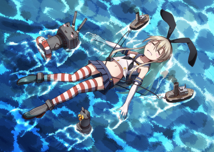 1girl black_panties blush_stickers boat boots brown_hair closed_eyes elbow_gloves gloves hairband kantai_collection long_hair navel panties personification rensouhou-chan shimakaze_(kantai_collection) skirt striped striped_legwear thighhighs tri underwear water white_gloves