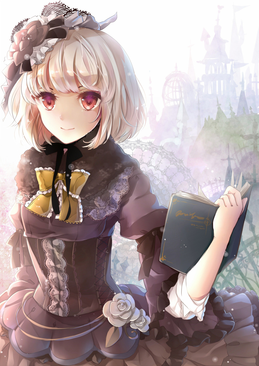 1girl blonde_hair bob_cut book dress flower gothic gothic_lolita hair_flower hair_ornament hat highres king_of_fighters king_of_fighters_maximum_impact lolita_fashion ninon_beart puracotte red_eyes short_hair solo