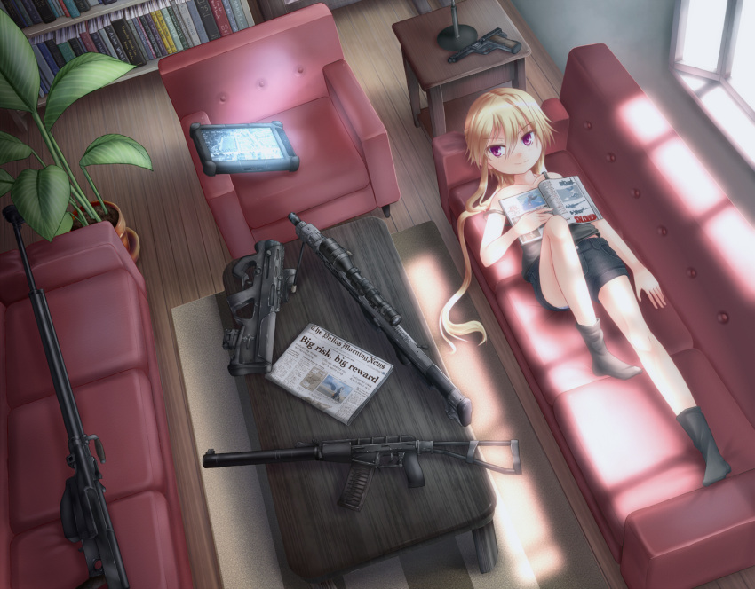 1girl as_val blonde_hair book books bookshelf chair coffee_table couch dreadtie dsr-1 gun gyrojet jessica_jefferson lying magazine magpul_pdr newspaper on_back original pistol plant ponytail potted_plant ptrs-41 red_eyes rifle shorts socks table tablet tagme tank_top very_long_hair weapon window