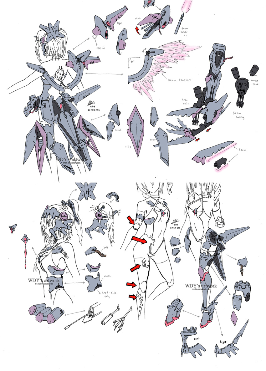 1girl armlet armor armpits back bangs bare_shoulders barrette bodysuit boots breasts character_sheet choker cleavage collarbone concept_art covered_navel criss-cross_halter dated deviantart drill_hair elbow_gloves elbow_pads energy_sword energy_wings fingerless_gloves gatling_gun gloves gluteal_fold gun hair_ornament halter_top halterneck hand_up headdress headgear headset high_heel_boots high_heels highleg highleg_leotard highres jewelry knee_pads leg_armor leg_lift leotard long_hair mecha_musume mechanical_arm original outstretched_arm rubber_band shoes short_hair_with_long_locks side_ponytail sideboob simple_background skin_tight standing standing_on_one_leg sword thigh_boots thighhighs torn_clothes torn_leotard torn_thighhighs twin_drills twintails watermark weapon web_address white_background