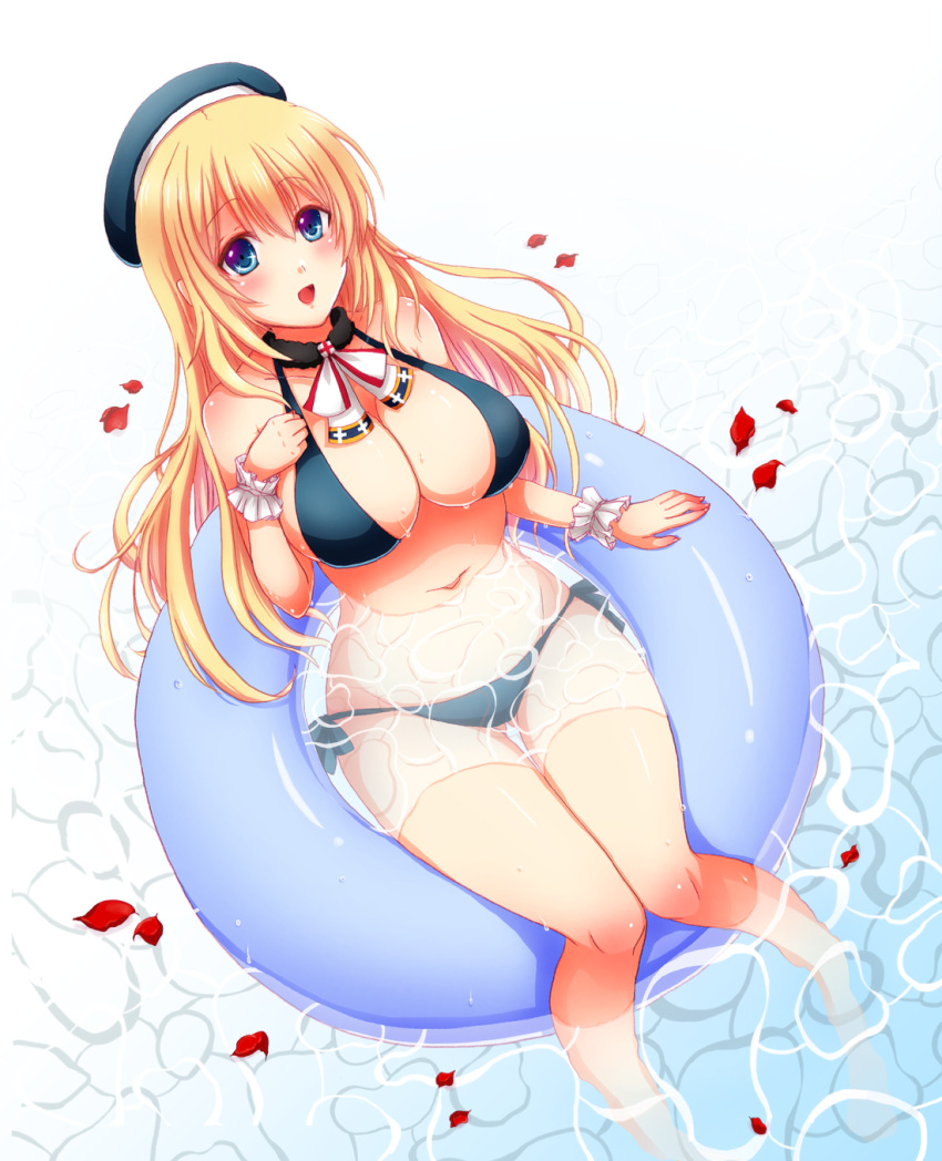 1girl atago_(kantai_collection) bikini blonde_hair blue_hair breasts from_above hat highres innertube kantai_collection large_breasts long_hair looking_at_viewer navel open_mouth personification petals ribbon solo sotogawa_max swimsuit water
