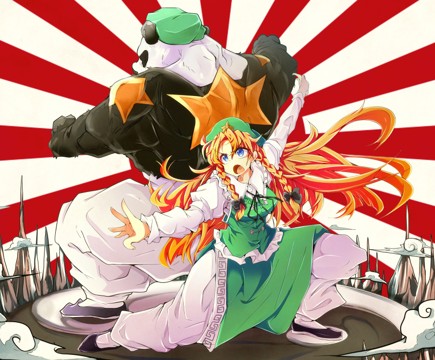 1girl absurdres angry animal baba_(pixiv3422465) back back-to-back blue_eyes bow braid chinese_clothes clouds fighting_stance hair_bow hair_ornament hat highres hong_meiling hong_meiling_(panda) juliet_sleeves long long_sleeves mountain muscle open_mouth orange_hair outstretched_arms panda pants puffy_sleeves shirt shoes skirt skirt_set socks solo star touhou traditional_clothes twin_braids vest white_legwear white_shirt