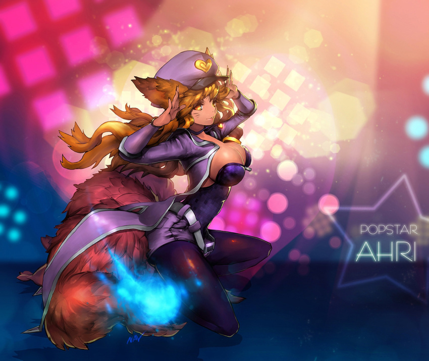 1girl ahri animal_ears arms_up belt black_legwear blonde_hair blue_fire breasts cleavage english facial_mark fingernails fire fox_ears fox_tail hat heart heart_necklace kneeling large_breasts league_of_legends long_fingernails long_hair multiple_tails nal_(nal's_pudding) pantyhose sharp_fingernails shorts smile solo tail yellow_eyes zipper