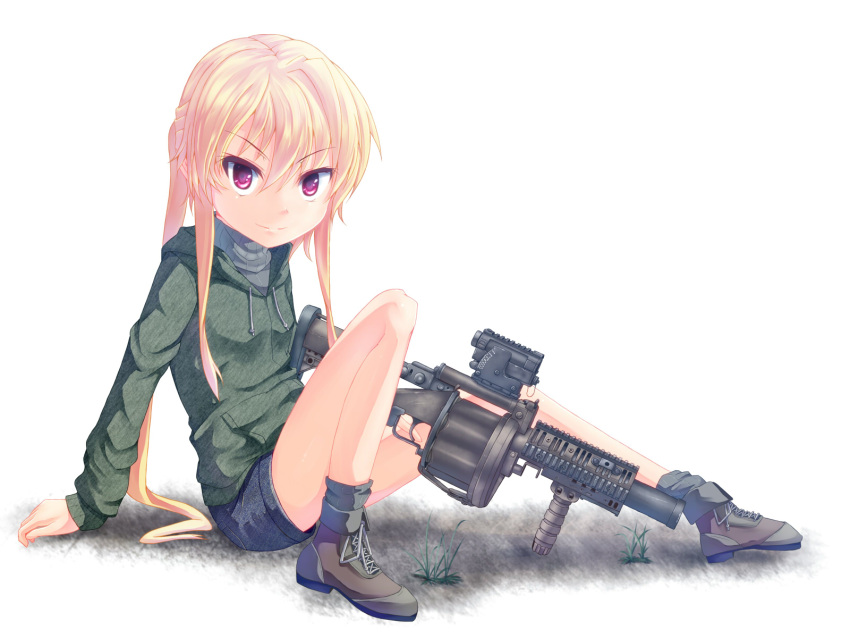 blonde_hair dreadtie grenade_launcher highres hoodie jessica_jefferson long_hair milkor_mgl original payot ponytail red_eyes shoes shorts turtleneck very_long_hair weapon