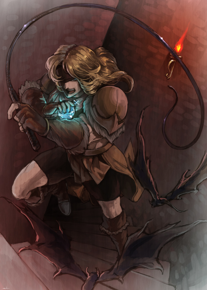 1boy absurdres bandana bat blonde_hair boots castlevania fingerless_gloves food_fighter_441 gloves headband highres holy_water long_hair male open_mouth pauldrons short simon_belmondo stairs vambraces whip