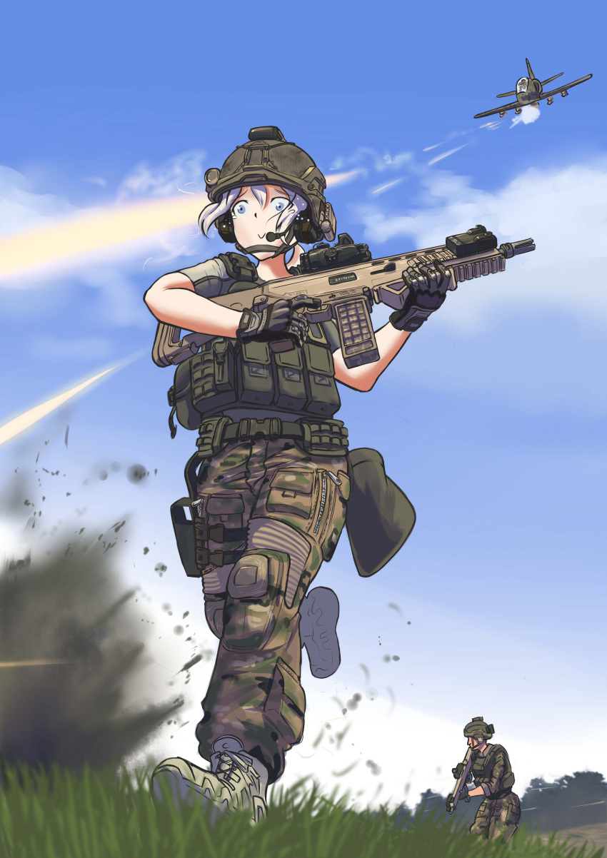 1girl :&gt; a-143_buzzard aaf_(arma) absurdres airplane arma_(series) arma_3 assault_rifle blue_eyes boots erica_(naze1940) fighter_jet firing gloves gun headset helmet highres jet load_bearing_vest military military_uniform multicam_(camo) mx_ar mxm nato_(arma) rifle scope silver_hair soldier surprised tears tracers uniform weapon