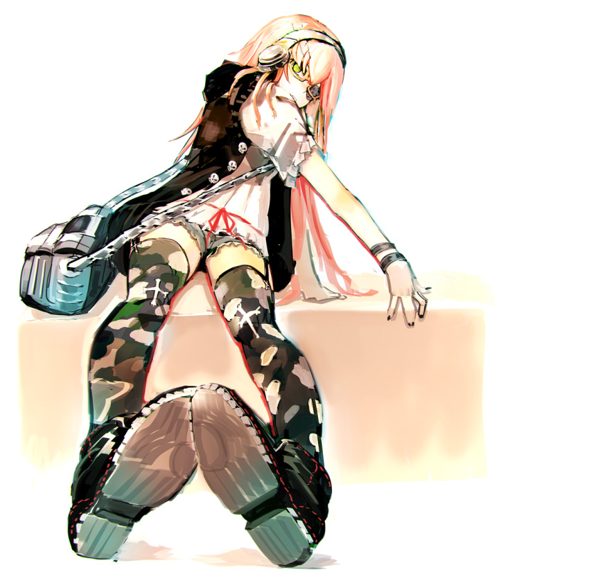 1girl ankle_boots bag boots camouflage_legwear character_request eyepatch glasses green_eyes headphones long_hair pink_hair shorts sitting skull so-bin solo thighhighs