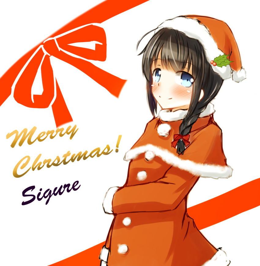 1girl blue_eyes braid brown_hair character_name christmas commentary hair_ribbon hat highres kantai_collection looking_at_viewer merry_christmas ribbon santa_costume santa_hat sekino_takehiro shigure_(kantai_collection) single_braid smile solo typo