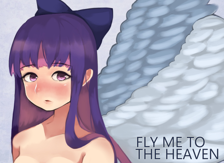 1girl angel_wings bare_shoulders blush bow english full-face_blush hair_bow long_hair milk_(impermanent) multicolored_hair panty_&amp;_stocking_with_garterbelt parted_lips solo stocking_(psg) two-tone_hair violet_eyes wings