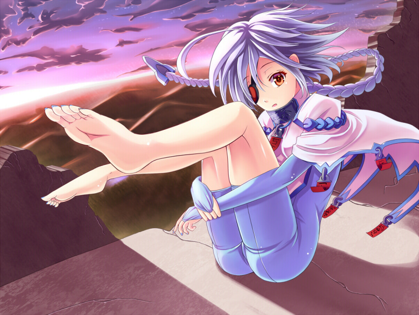 1girl ahoge barefoot blazblue bodysuit clouds eyepatch koromia nu-13 silver_hair