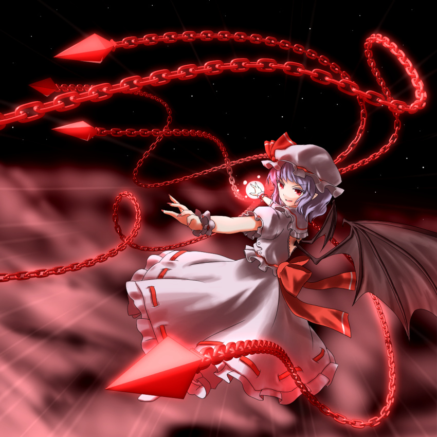 1girl bat_wings chain colored_eyelashes energy_ball facing_away fingernails flying hat hat_ribbon highres lavender_hair minust mob_cap motion_lines night open_mouth outstretched_arms puffy_short_sleeves puffy_sleeves red_clouds red_eyes remilia_scarlet ribbon sharp_fingernails short_hair short_sleeves skirt skirt_set sky solo star_(sky) starry_sky touhou wings wrist_cuffs