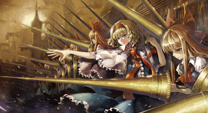 1girl alice_margatroid blonde_hair blue_eyes book capelet hairband lance outstretched_hand polearm red_eyes shanghai_doll shield smile solo touhou tsurukame weapon