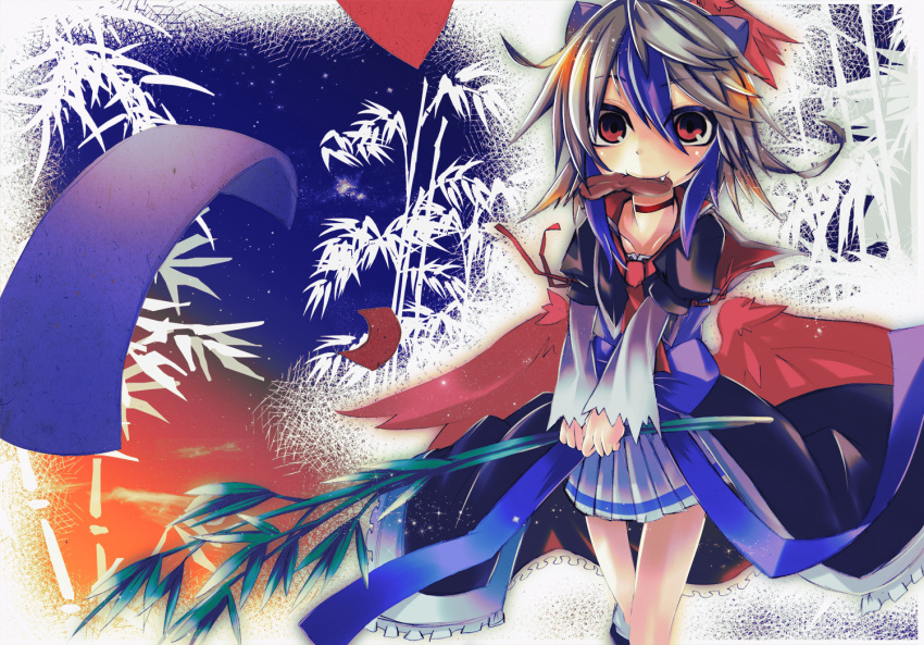 1girl bamboo bamboo_forest blue_hair fang forest hzl mouth_hold multicolored_hair nature red_eyes silver_hair solo tanabata tokiko_(touhou) touhou two-tone_hair