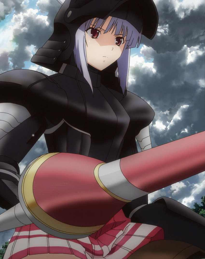 1girl absurdres armor clouds helmet highres lance lisa_eostre pleated_skirt polearm purple_hair red_eyes screencap skirt sky solo stitched walkure_romanze weapon