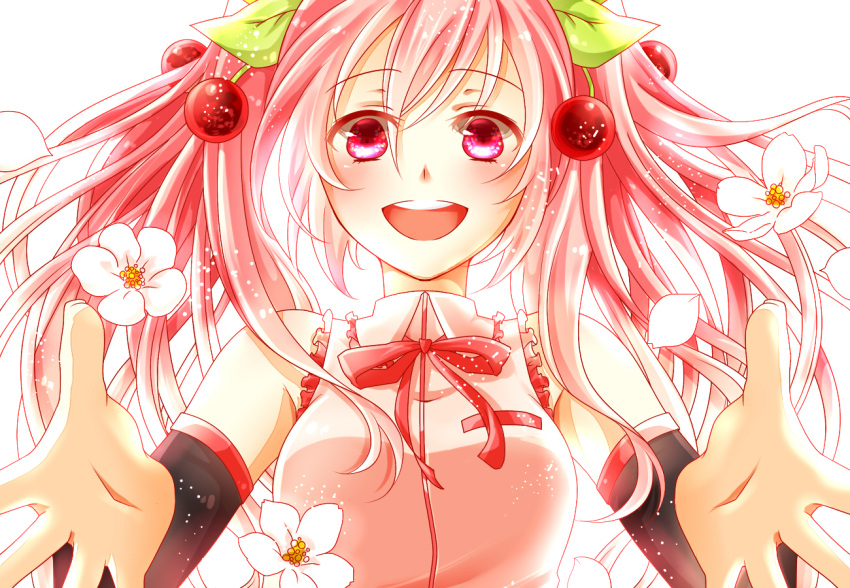 1girl bowtie cherry cherry_blossoms colored detached_sleeves food fruit hatsune_miku long_hair looking_at_viewer minaminotkita object_namesake open_mouth pink_hair red_eyes sakura_miku smile solo vocaloid