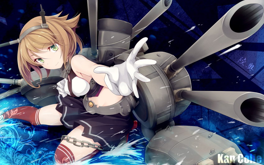 1girl bare_shoulders blush breasts brown_hair copyright_name gloves green_eyes headgear highres kantai_collection large_breasts looking_at_viewer midriff mutsu_(kantai_collection) navel ogami_kazuki outstretched_arm outstretched_hand personification red_legwear short_hair skirt solo thighhighs water white_gloves