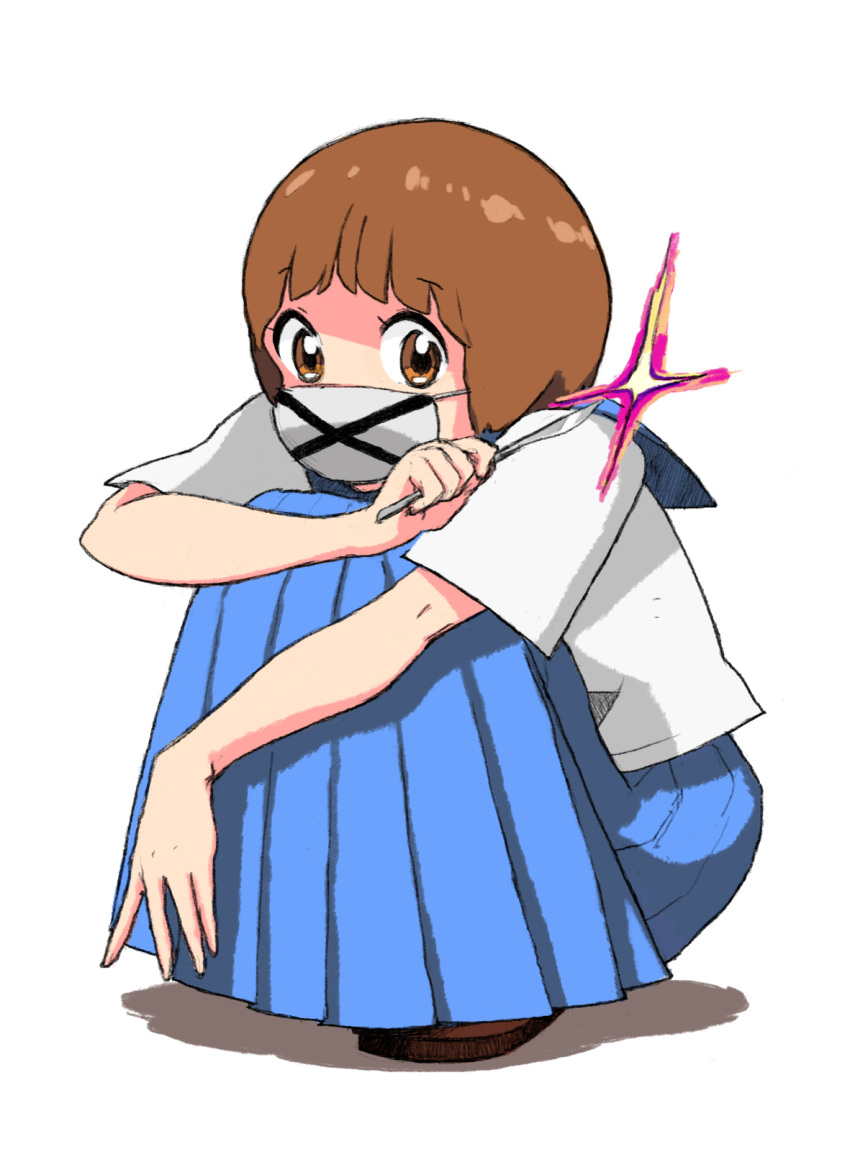 1girl bob_cut brown_eyes brown_hair highres kill_la_kill long_skirt mankanshoku_mako rasou scalpel school_uniform serafuku short_hair skirt solo squatting sukeban surgical_mask