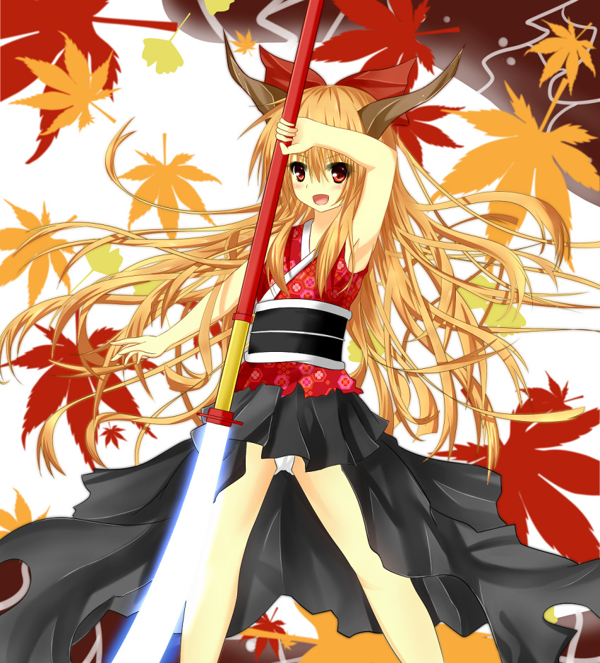 1girl alternate_costume arm_up armpits bow ginkgo glowing hair_bow highres horns ibuki_suika leaf leaf_background long_hair looking_at_viewer maple_leaf mikage000 naginata obi open_mouth orange_hair outstretched_arm panties pantyshot pantyshot_(standing) polearm red_eyes skirt sleeveless sleeveless_shirt solo spread_legs standing touhou underwear very_long_hair weapon white_background white_panties