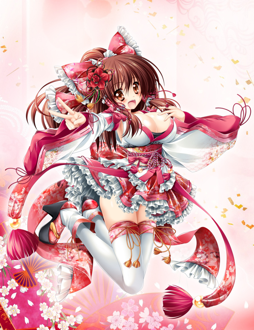 1girl adapted_costume arm_ribbon bow breasts brown_eyes brown_hair cherry_blossoms cleavage detached_sleeves floral_print flower hair_bow hair_flower hair_ornament hair_tubes hakurei_reimu highres japanese_clothes jumping kamiya_tomoe kimono large_breasts leg_ribbon long_hair long_sleeves looking_at_viewer no_bra obi open_mouth outstretched_arm petals ponytail sash smile solo thighhighs touhou v white_legwear wide_sleeves zettai_ryouiki