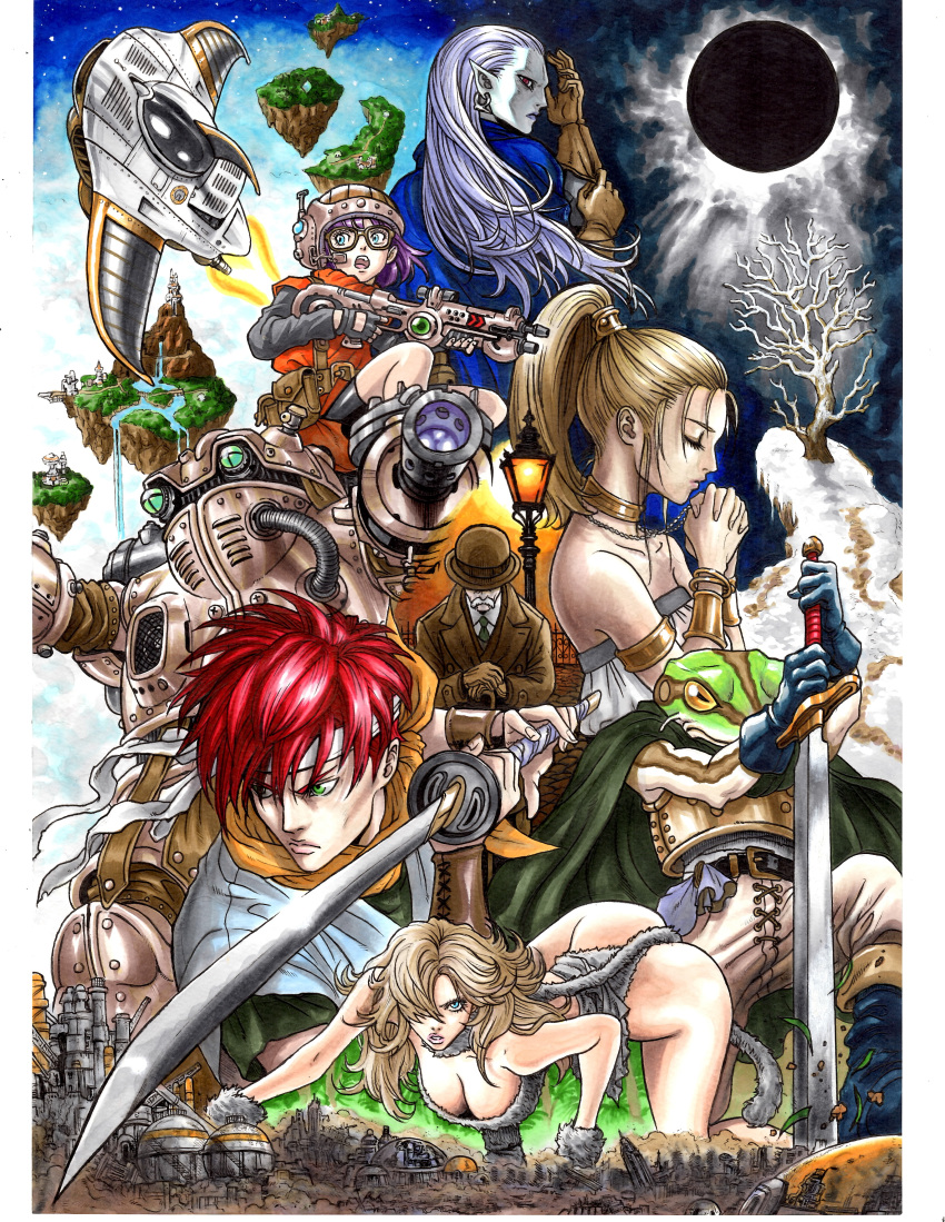 3girls 4boys absurdres all_fours arm_cannon armlet armor ayla bandana bandeau bangle belt blonde_hair blue_eyes bowler_hat bracelet breastplate breasts cape choker chrono_trigger cleavage crono earrings epoch everyone facial_hair fighting_stance fingerless_gloves floating_island formal frog fur gaspar glasses gloves green_eyes gun hat helmet highres jewelry kaeru_(chrono_trigger) katana lamppost long_hair long_sleeves lucca_ashtear magus marlboro_(artist) marle multiple_boys multiple_girls mustache necklace necktie pointy_ears ponytail pouches praying purple_hair red_eyes redhead robo robot short_hair silver_hair sky slit_pupils snow solar_eclipse star_(sky) starry_sky suit sword tail time_machine tree vambraces wasteland water waterfall weapon white_hair white_skin yellow_sclera
