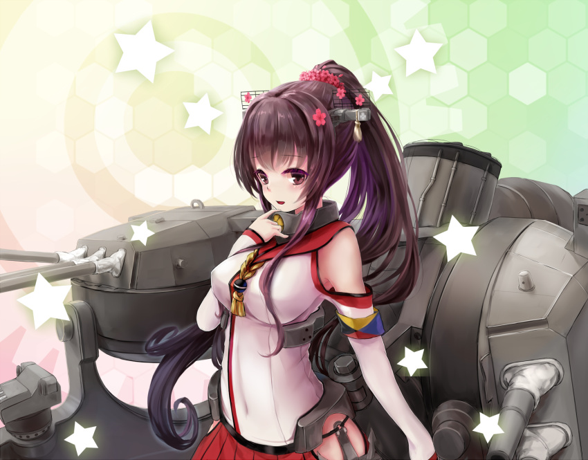 1girl anchor blush breasts brown_eyes brown_hair cannon cherry_blossoms detached_sleeves flower hair_flower hair_ornament headgear hex_grid highres kachayori kantai_collection large_breasts long_hair personification pleated_skirt ponytail skirt smile solo star turret very_long_hair yamato_(kantai_collection)
