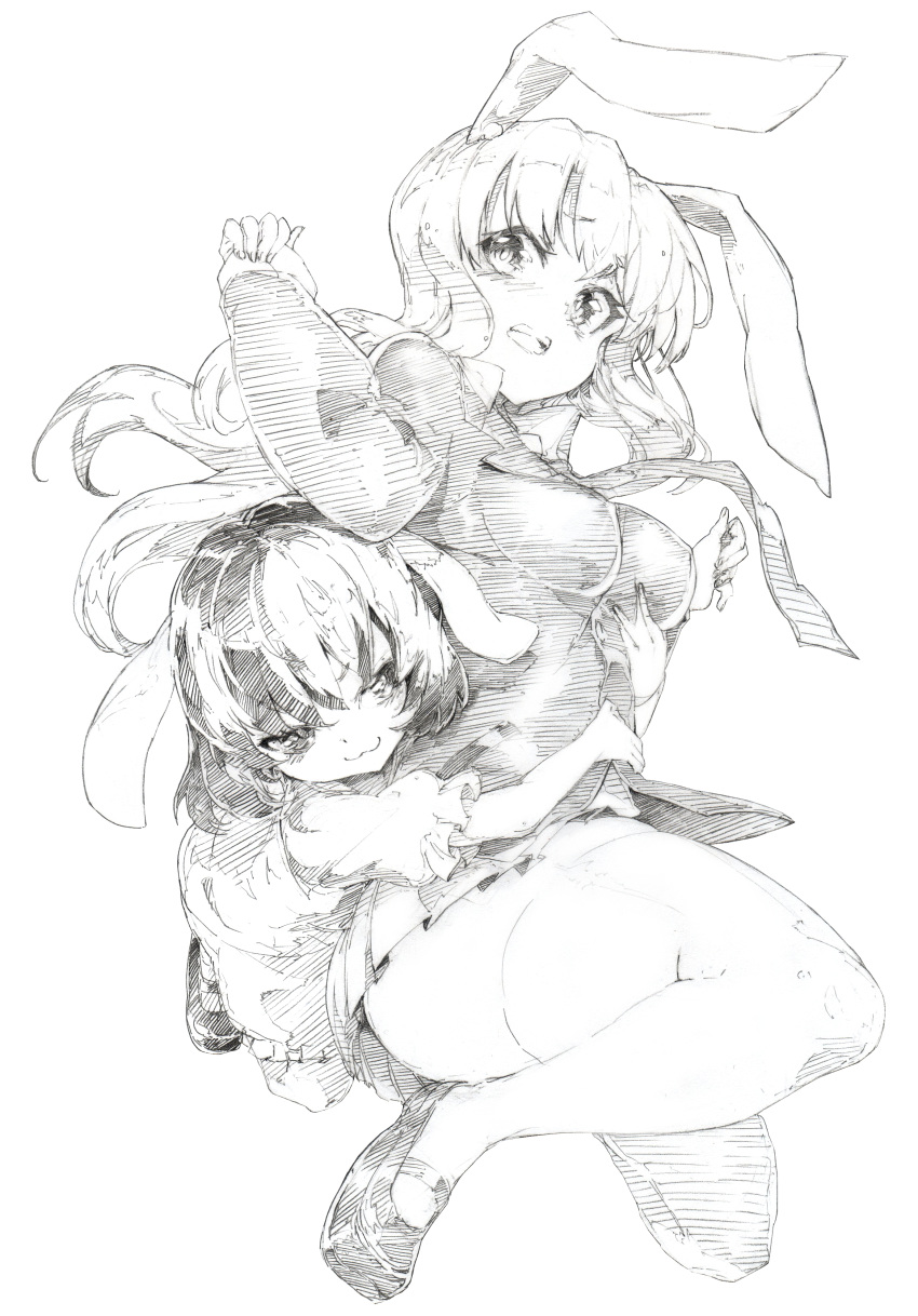 2girls :3 absurdres animal_ears black_hair blush dress full_body highres hug inaba_tewi jacket long_hair long_sleeves looking_at_another monochrome multiple_girls necktie open_mouth oshake pencil_crayon_(medium) puffy_sleeves rabbit_ears reisen_udongein_inaba shirt shoes short_hair short_sleeves simple_background skirt smile thigh-highs touhou traditional_media white_background white_shirt zettai_ryouiki