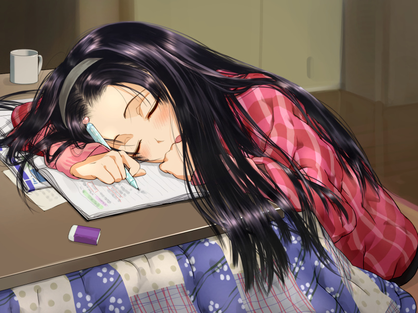 1girl black_hair blush cup dokiyuri eraser hairband highres kotatsu long_hair mechanical_pencil mug original pencil sleeping table