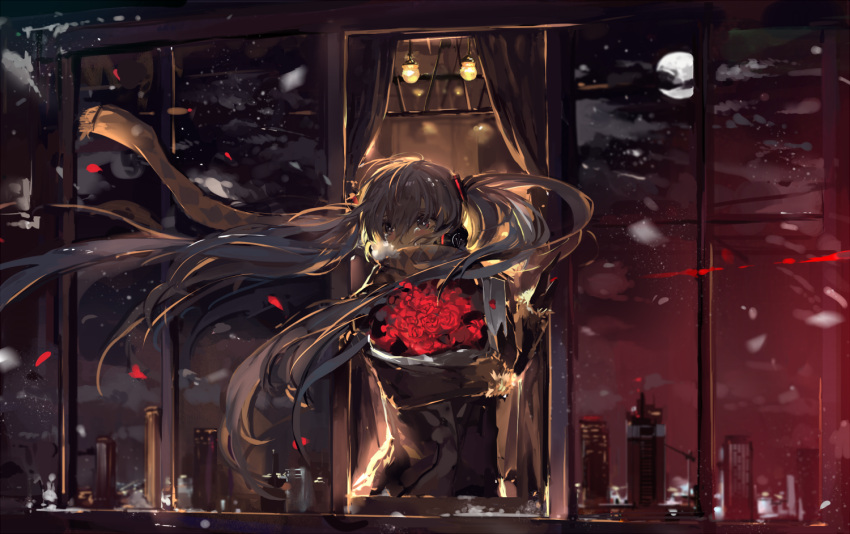 1girl bouquet building clouds coat flower full_moon grey_eyes hatsune_miku headphones long_hair long_sleeves moon night object_hug petals red_rose reflection rose saberiii scarf silver_hair sky skyscraper snow solo twintails very_long_hair vocaloid wind