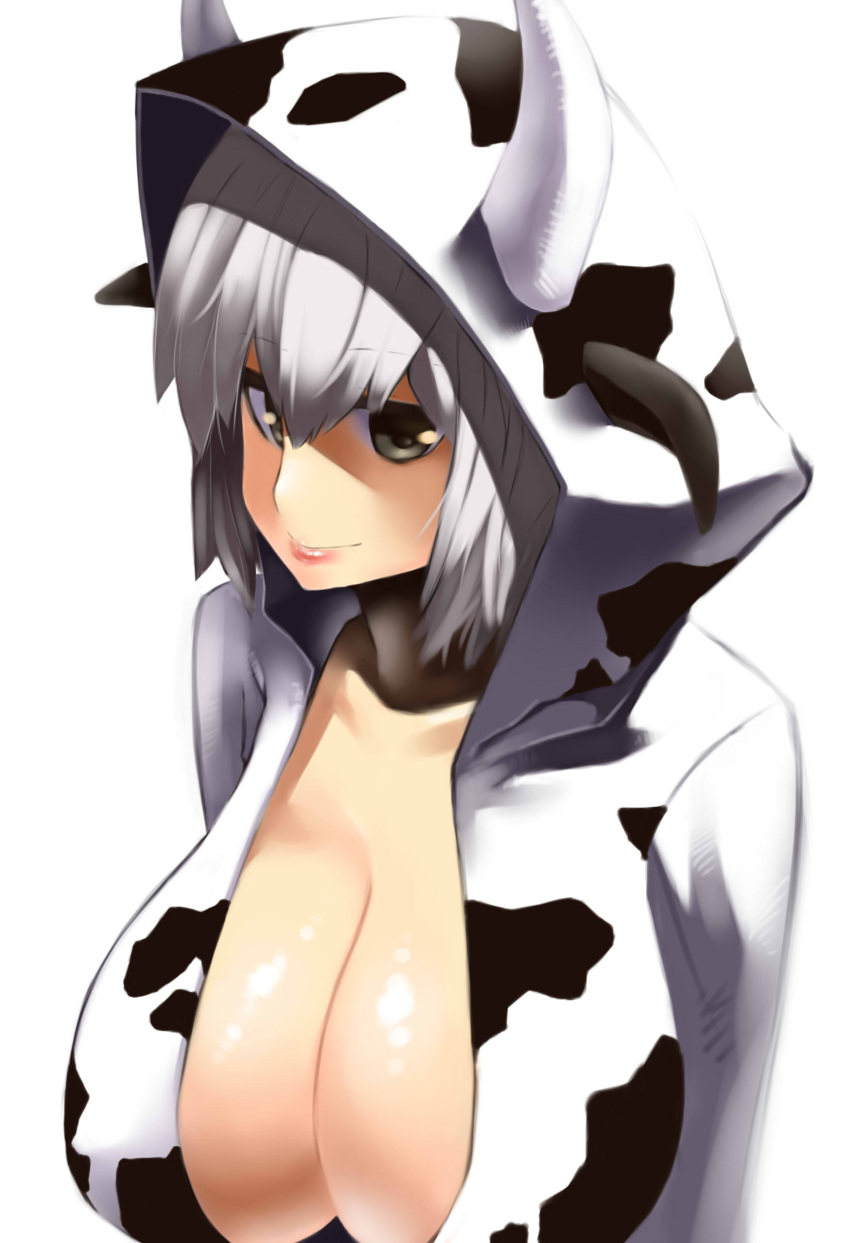 1girl absurdres breasts cleavage cow_horns cow_print doku-chan_(dokkudokudoku) grey_eyes highres hoodie horns large_breasts lips looking_at_viewer original short_hair silver_hair simple_background smile solo white_background